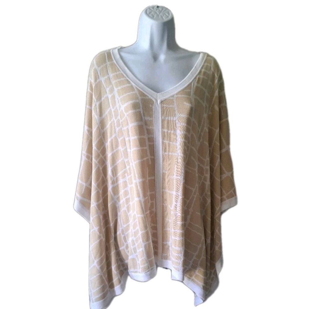 Azure Ming Wang Boxy Kimono Poncho Top Sz L Geomtric Cream White Artsy